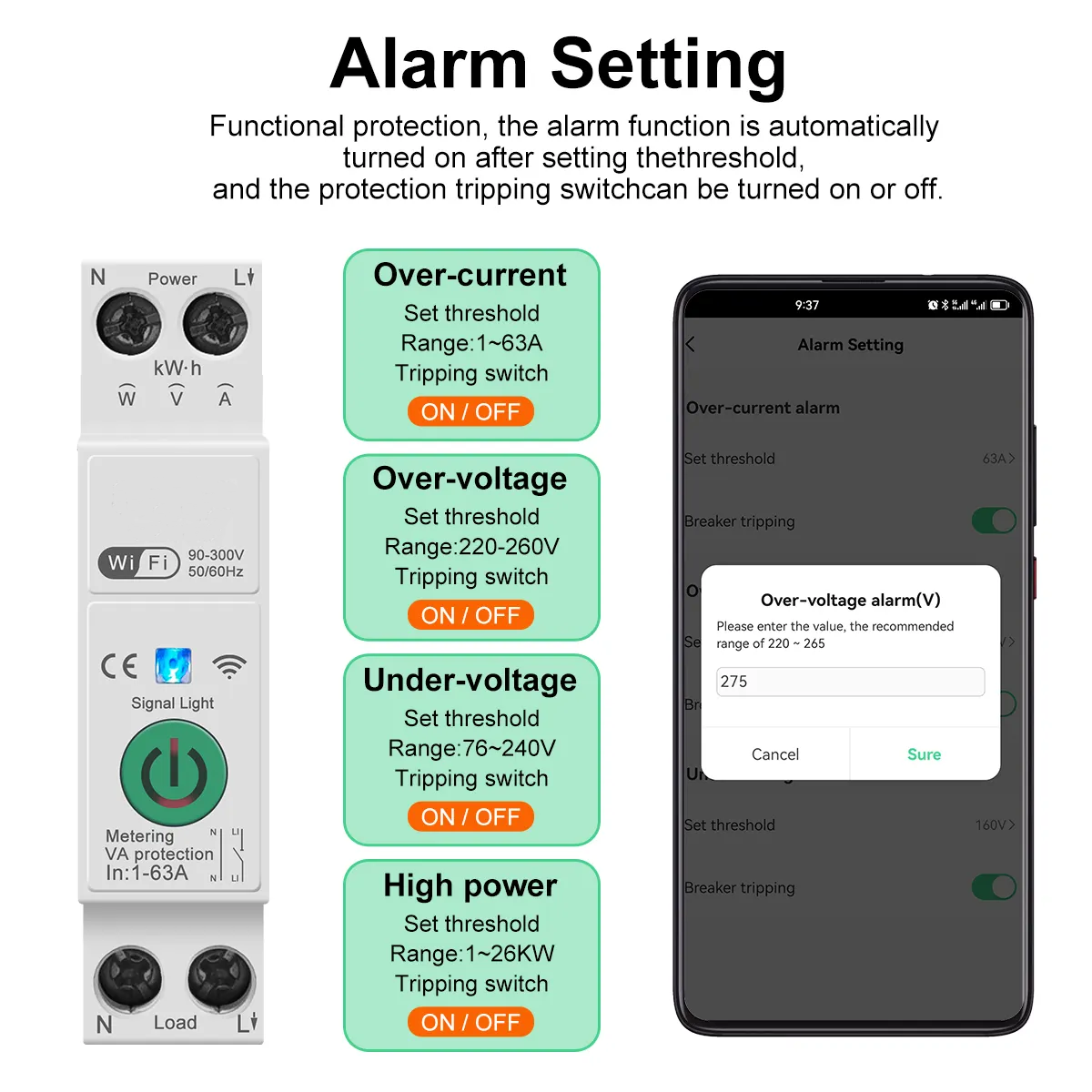 OBCH Wi-Fi metering + voltage/current protector 1P 63 Amp AC - Image 2