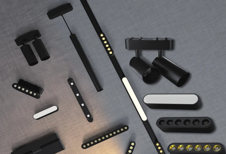 Selection of modern spotlights and linear lighting fixtures.