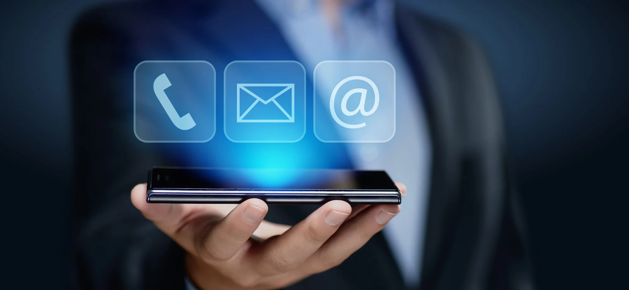 Phone displaying phone, message and email contact icons.