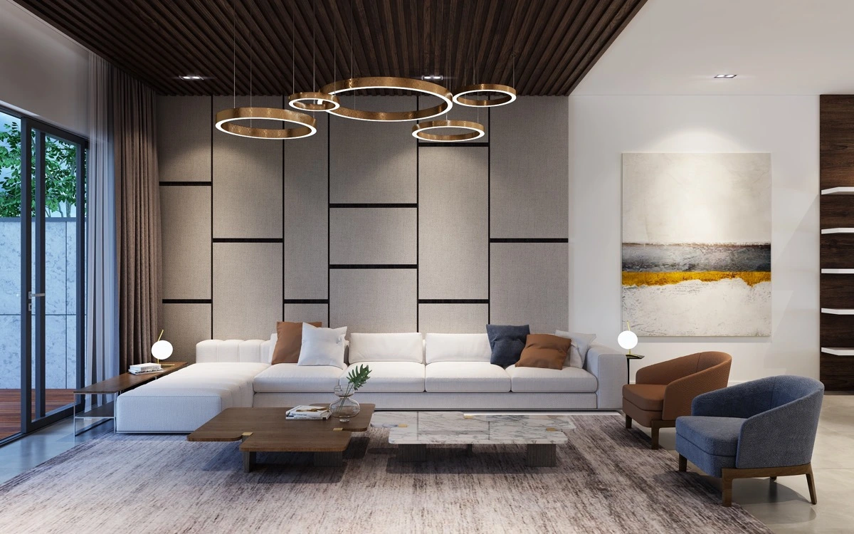 Contemporary living room with smart home and office solutions.