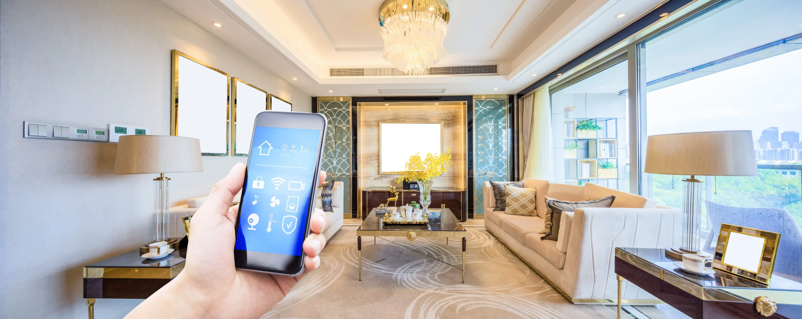 Smart home controls shown on a phone in a bright living room.
