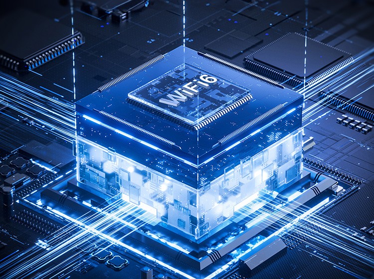 Illustration of a Wi-Fi 6 chip and wireless network.