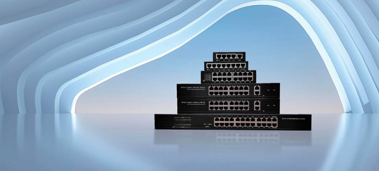 Ethernet switches arranged in a connected office setting.